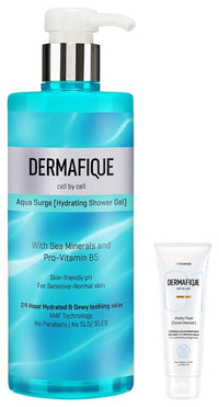 Dermafique Aqua Surge Body Wash Shower Gel 500ml Bodywash for Hydrated Skin Skin Friendly pH Free With Natural Moisturizing Factor Technology Vitality Flash Facial Cleanser – 100ml
