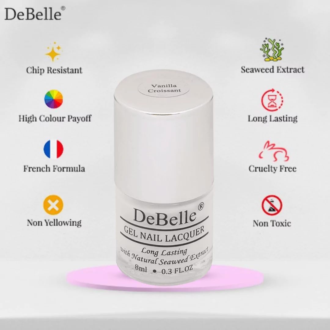 DeBelle Gel Nail Polish Vanilla Croissant(White Nail Paint)|Non UV - Gel Finish |Chip Resistant | Seaweed Enriched Formula| Long Lasting|Cruelty and Toxic Free| 8ml