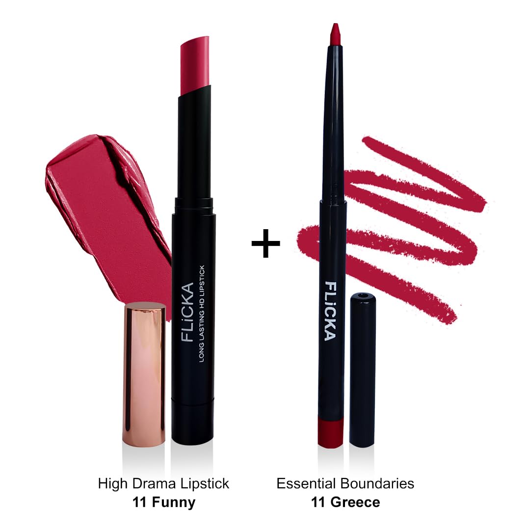 FLiCKA High Drama Matte Lipstick Funny & Lip Liner Greece Combo | 11