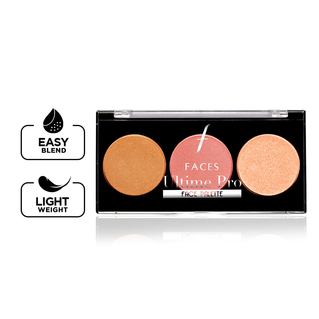FACES CANADA Ultime Pro Face Palette - Glow 02, 12g | 3-in-1 Bronzer + Highlighter + Blush | Lightweight Long Lasting Luminous Glow | Flawless Shimmer Finish | Silky Smooth Texture | Easy To Blend