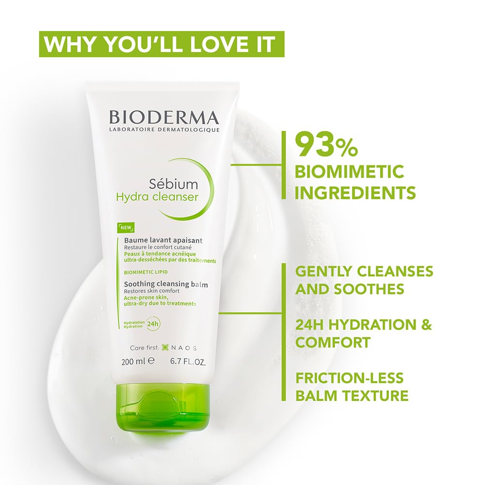 Bioderma Sebium Hydra Cleanser with Glycerin | Friction-Less Cleansing | 24H Comfort and Hydration | Acne Prone Sensitive Skin, 200 ml
