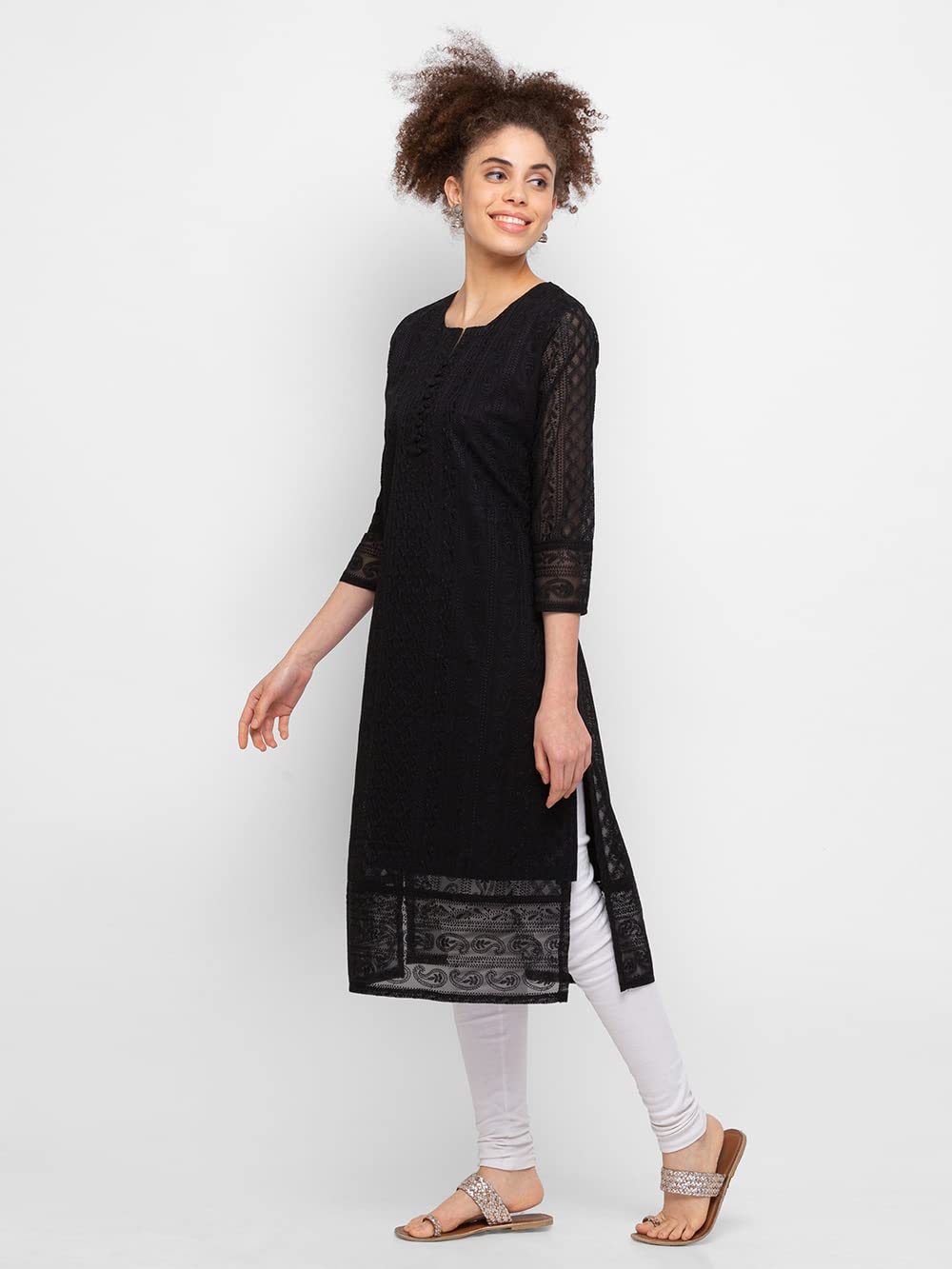 ZOLA Exclusive Georgette Round Neck with Full Sleeves and Calf Length Luckhnowi Chikan Kari Kurta with Button Placket on Yolk Ethnic Wear Straight Kurta for Women Pack of 1