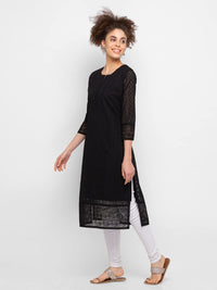 ZOLA Exclusive Georgette Round Neck with Full Sleeves and Calf Length Luckhnowi Chikan Kari Kurta with Button Placket on Yolk Ethnic Wear Straight Kurta for Women Pack of 1