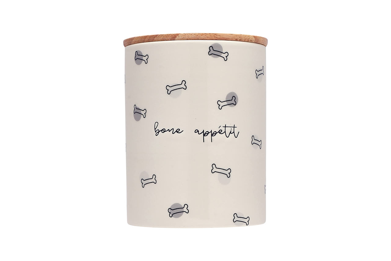 Pearhead Bone Appetite Treat Jar, Ceramic and Wood Pet Treat Canister, Modern Neutral Color Home Kitchen Accessories, Dishwasher Safe, Silicone Seal Lid For Freshness, Dog Biscuit Storage Treat Jar - Bone Appetite