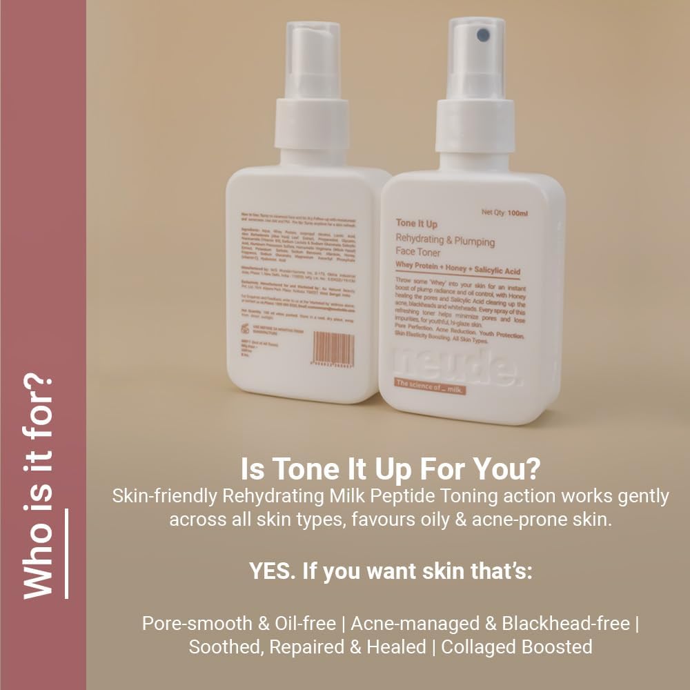 Neude Face Toner Niacinamide - 100ml with Whey Protein, Milk Peptides, 2% Salicylic Acid for Oil & Acne Free Skin, Hydrating, Fades Blemishes, Brightens & Smoothen Skin, Tightens Pores