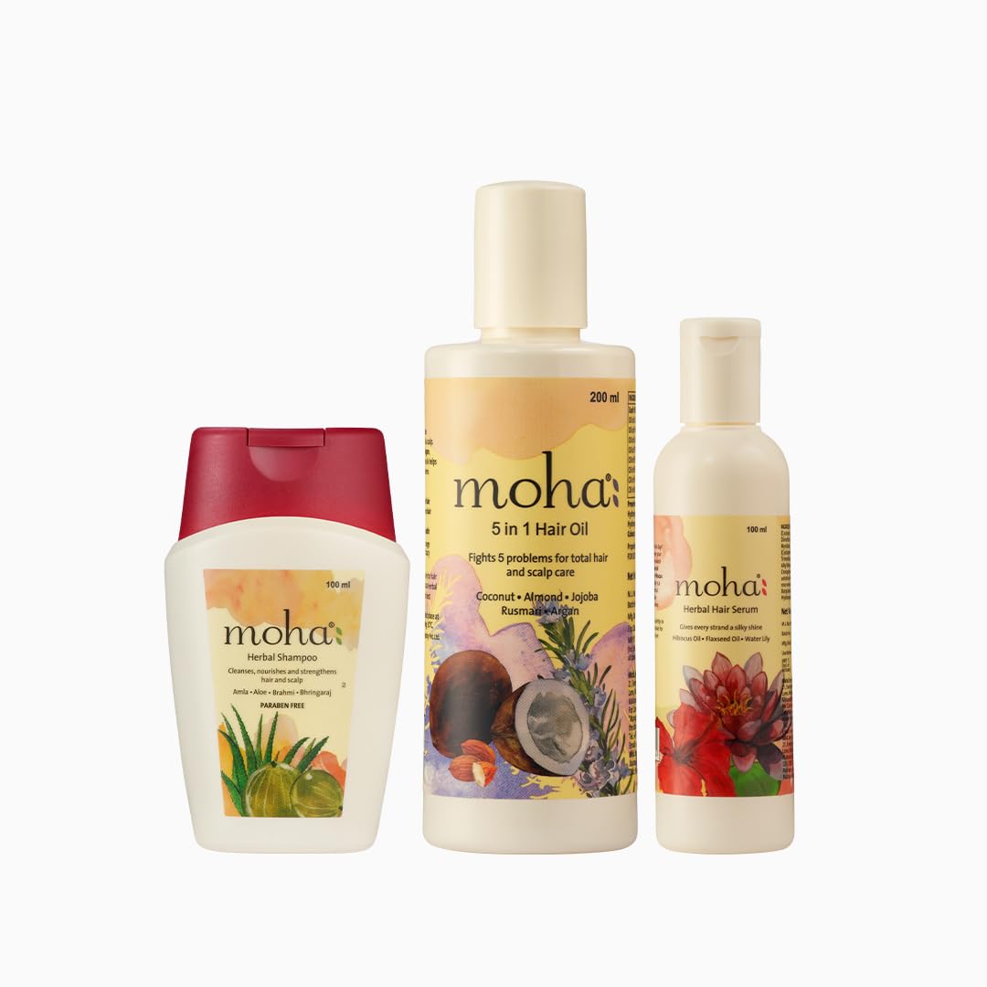 moha: Hair Essentials Kit Includes Herbal Shampoo 100ml, 5 in 1 Hair Oil 200ml, & Hair Serum 100ml | Complete Hair Care Range For Healthy & Soft Hair | Unisex Product