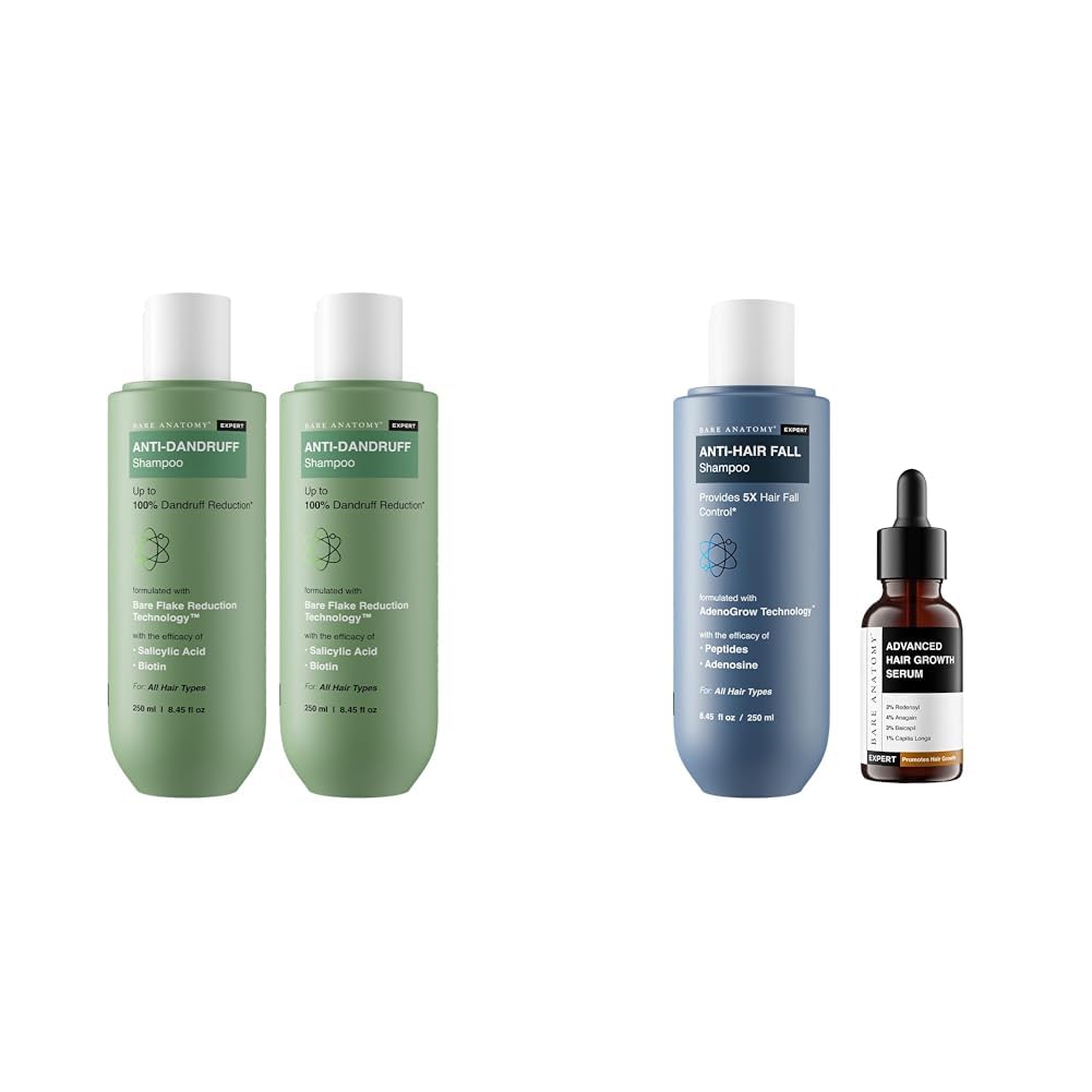 Bare Anatomy Anti Dandruff Shampoo All Hair Types | Women & Men | 250ml (Pack of 2) Anti Hair Fall Shampoo 250ml 3% Redensyl + 4% Anagain + 3% Baicapil + 1% Capilia Longa 30mL