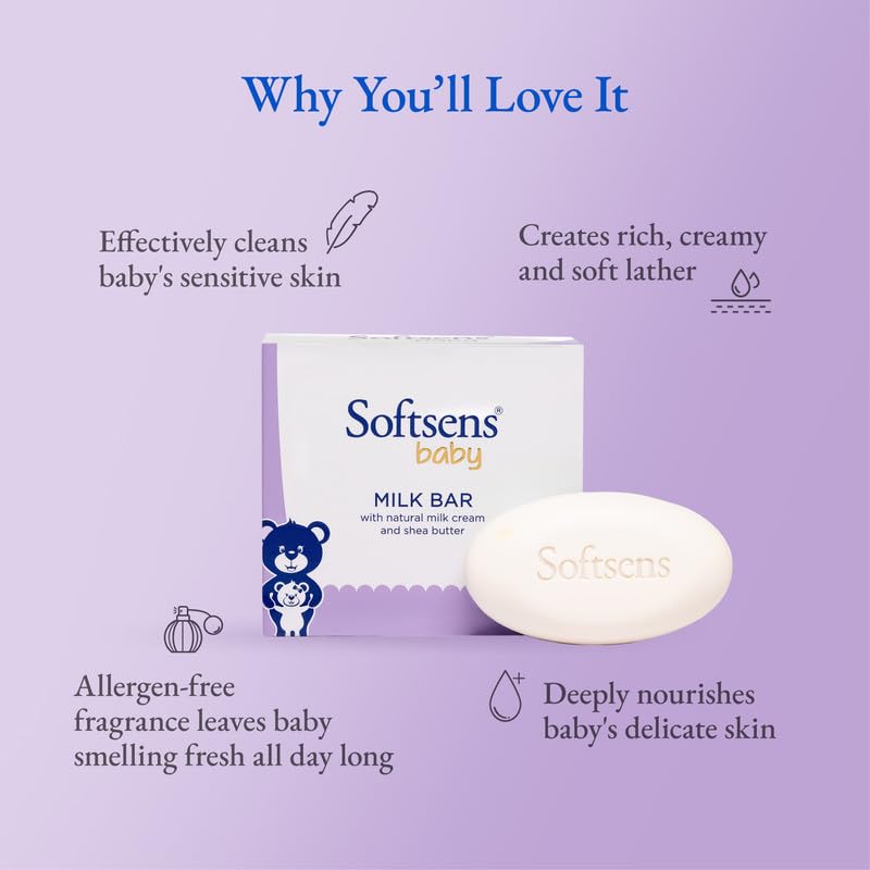 Softsens Baby Moisturizing Milk Soap Bar Enriched with Natural Milk Cream & Shea Butter I Dermatologically Tested & Paraben Free for Baby Skin-(9 Soaps x 100g) (Pack of 3)