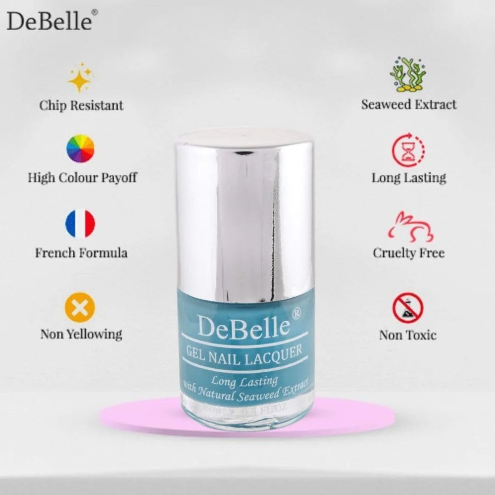 DeBelle Gel Nail Polish Royale Cocktail (Turquoise Blue Nail Paint)|Non UV - Gel Finish |Chip Resistant | Seaweed Enriched Formula| Long Lasting|Cruelty and Toxic Free| 8ml Glossy Finish