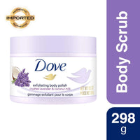 Dove Exfoliating Body Polish Scrub with Crushed Lavender & Coconut Milk for Dry Skin, Gently Exfoliates & Removes Dead Skin, Naturally Derived Ingredients, Sulfate-Free, Soothing Scent, 298 g