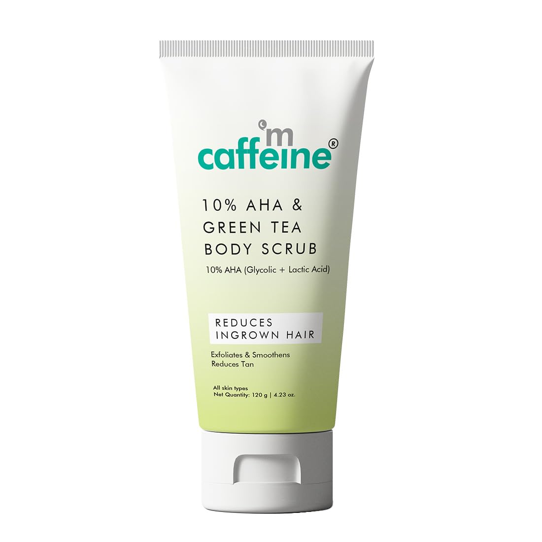 mCaffeine 10% AHA & Green Tea Body Scrub for Tan Removal & Soft-Smooth Skin | For Women & Men | De-Tan Bathing Scrub with Coconut Oil, Removes Dirt & Dead Skin from Neck, Knees, Elbows & Arms