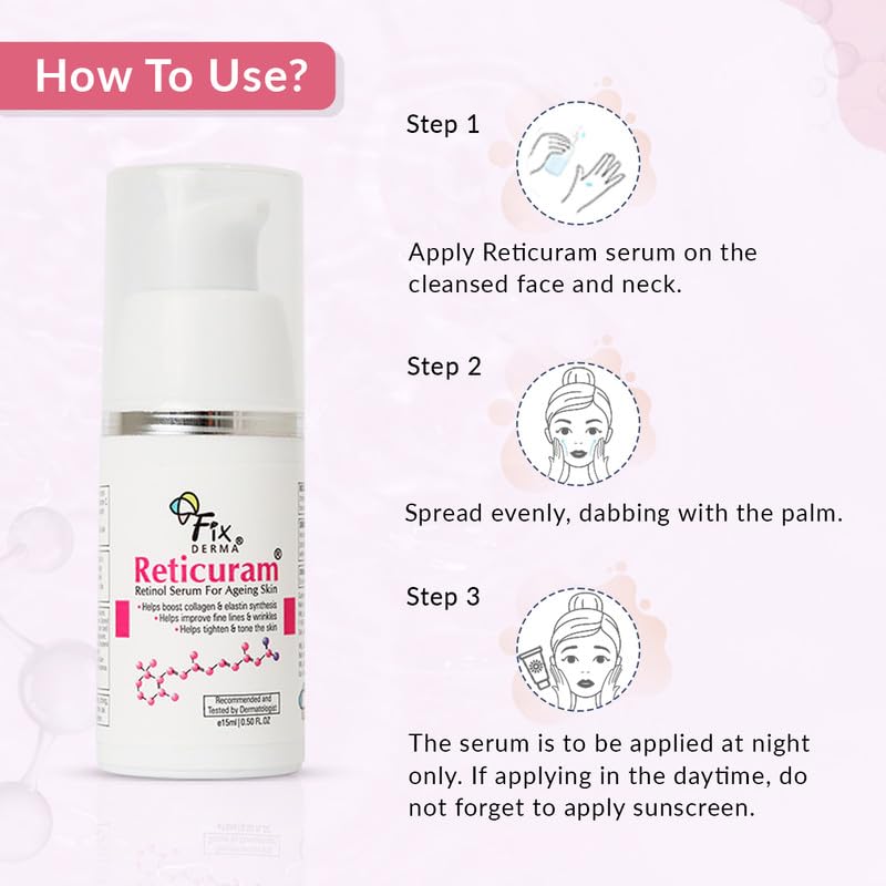 Fixderma .05% Pure Retinol Reticuram Face Serum for Anti Aging, Boost Collagen, Night Face Serum with Retinol & Vitamin C to Reduce Fine Lines & Wrinkles for Unisex - 15ml