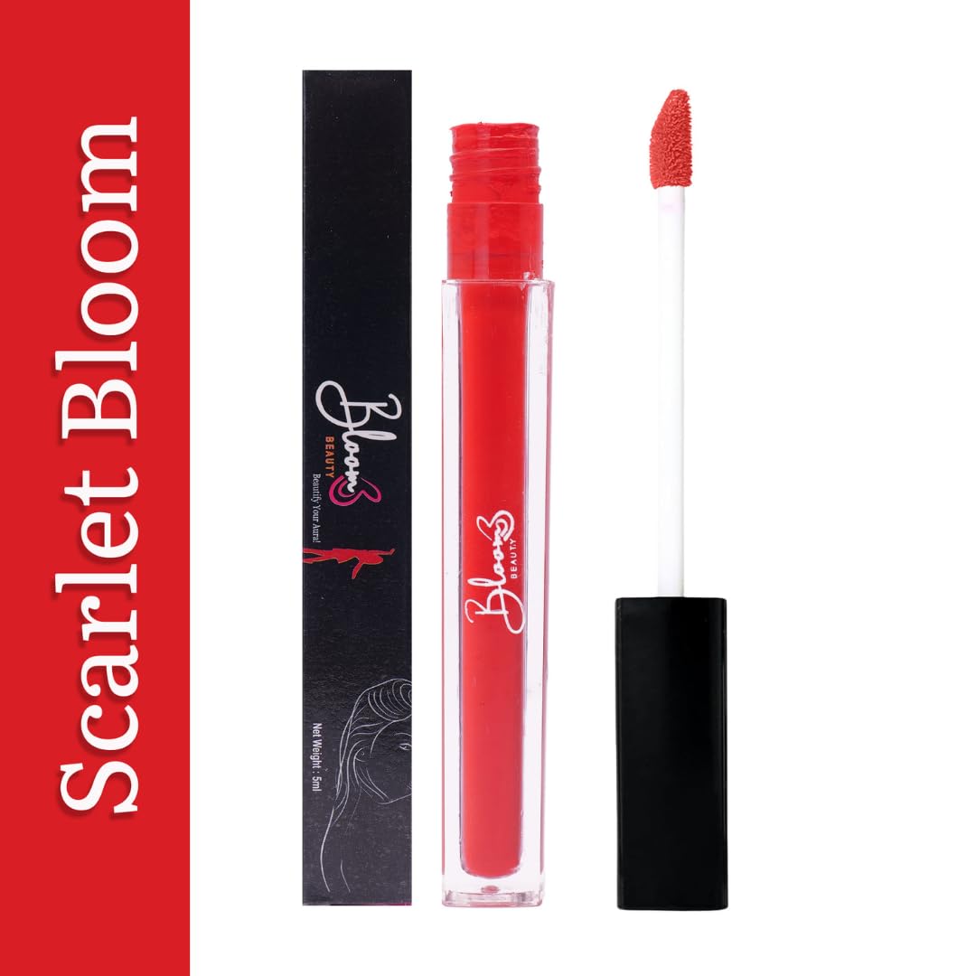 Bloom Beauty Liquid Lipstick, Velvet Matte Finish, Lightweight & Hydrating | Long-Lasting Wear, (Scarlet Bloom)