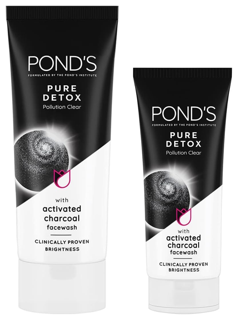 POND's Pure Detox Face Wash 200 g, Daily Exfoliating & Brightening Cleanser, Deep Cleans Oily Skin - With Activated Charcoal for Fresh, Glowing Skin & POND's Pure Detox Face Wash 100 g