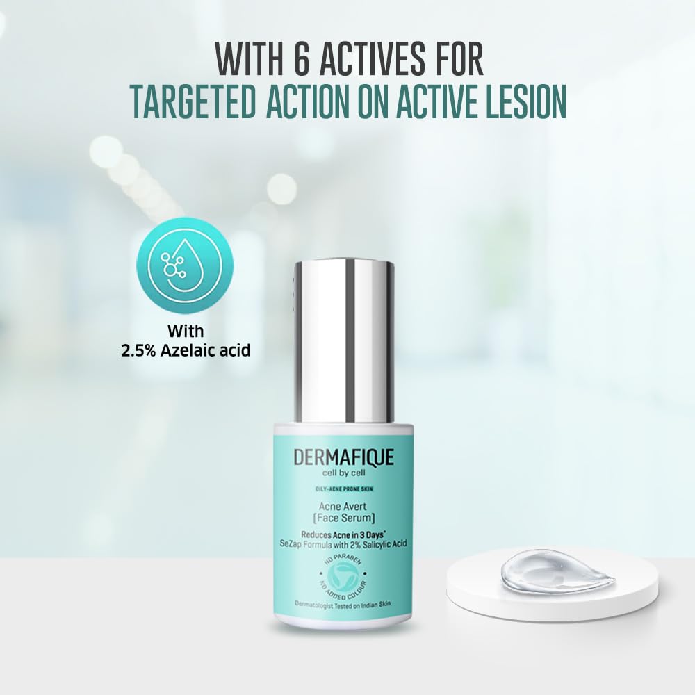 Dermafique Acne Avert Serum 30 ml, with 2% Salicylic Acid, Reduces Acne in 3 Days, for Oily-Acne Prone Skin