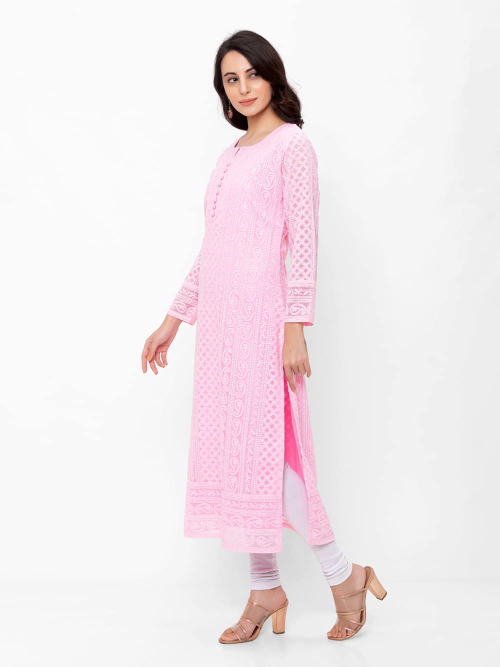 ZOLA Exclusive Georgette Round Neck with Full Sleeves and Calf Length Luckhnowi Chikan Kari Kurta with Button Placket on Yolk Ethnic Wear Straight Kurta for Women Pack of 1