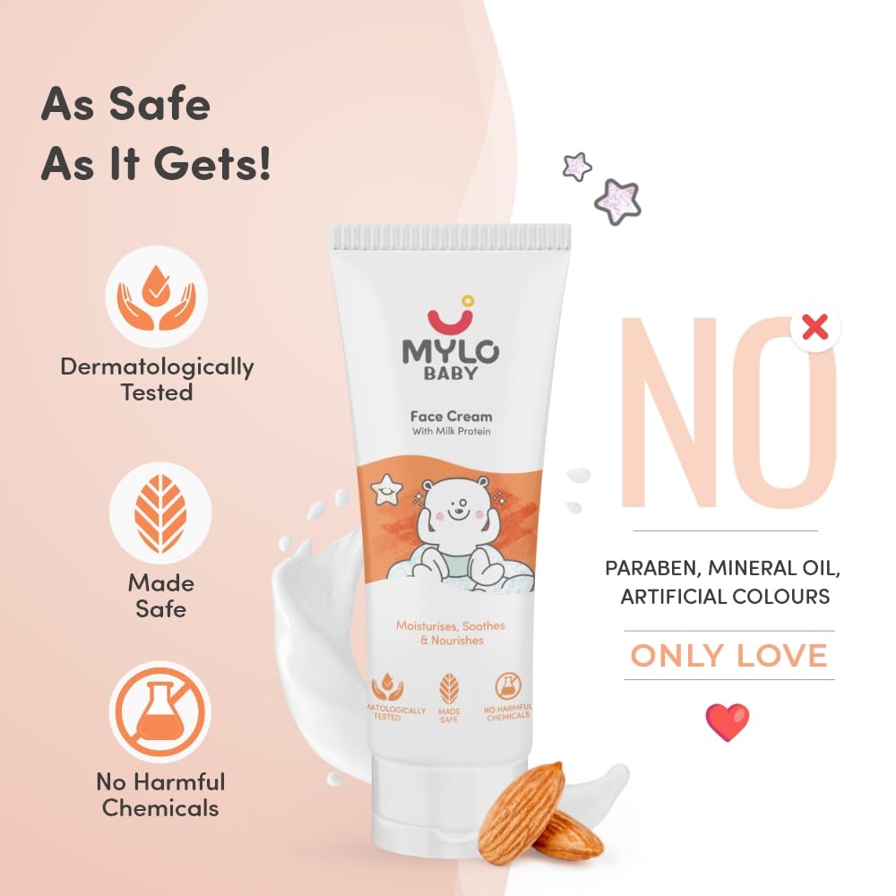 Mylo Baby Cream for Face 100 gm | Dermatologically Tested | Made Safe Certified | Nourishes and Brightens Skin | Soothes Skin Irritation | 24 Hours Moisturization