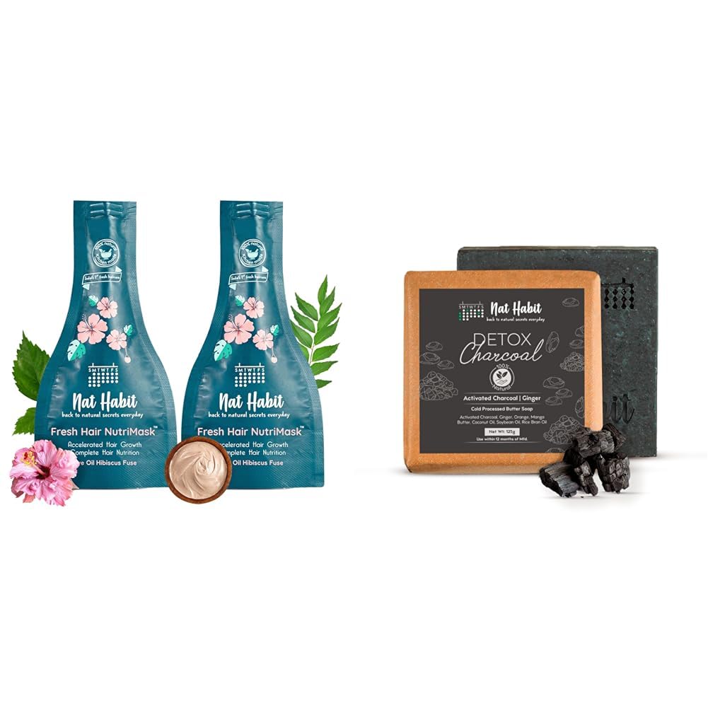 Nat Habit Five Oil Hibiscus NutriMask & Detox Charcoal Soap, The Ideal Combo For Hair Deep Conditioning & Hair Fall & Skin Care (Combo Pack of 3)