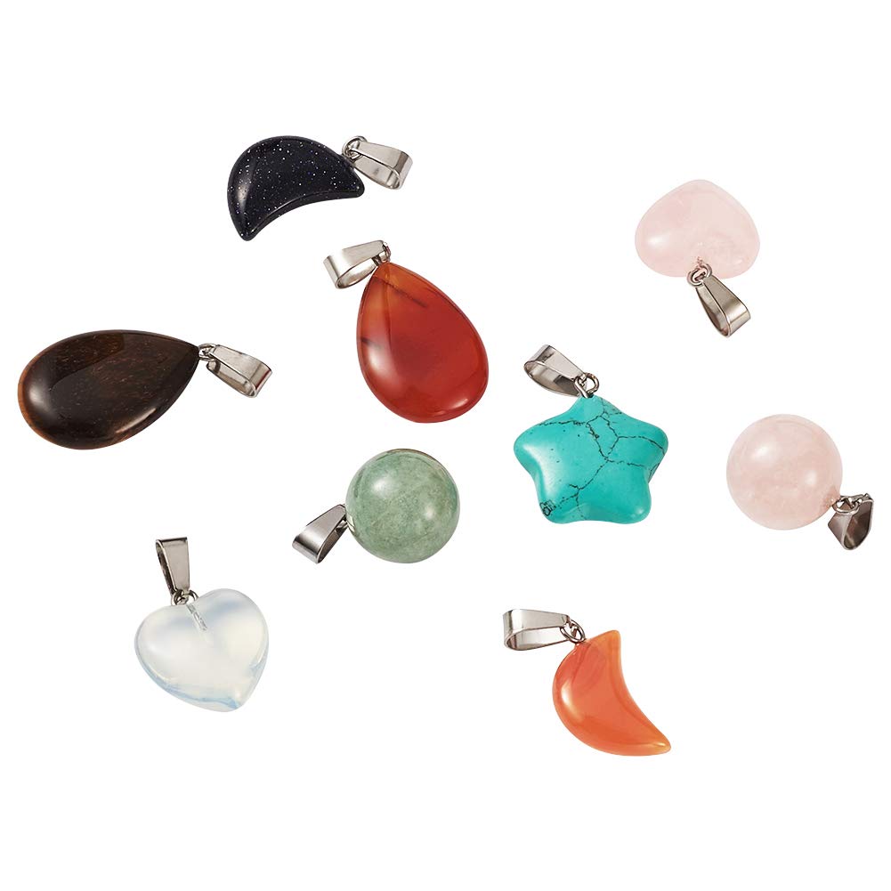 FASHEWELRY 30Pcs Mixed Stone Pendants Heart Moon Teardrop Round Healing Crystal Quartz Chakra Bead Charms for Necklace for Jewelry Making Hole: 2x7mm 1-Mixed Color-Mixed Shape