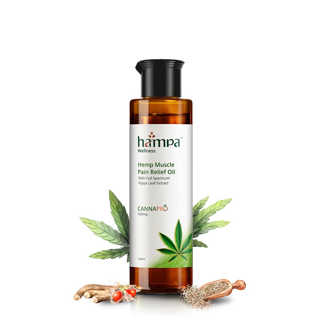 Hampa Hemp Muscle Pain Relief Oil 100ml | Lasting Relief from Back, Shoulder, Neck, Leg, Lumbar, Ortho and other Muscular Pains, Stiffness and Spasms | Ayurvedic with Vijaya Leaf Extract, Arnica, Ashwagandha | 100% Natural and Skin Friendly