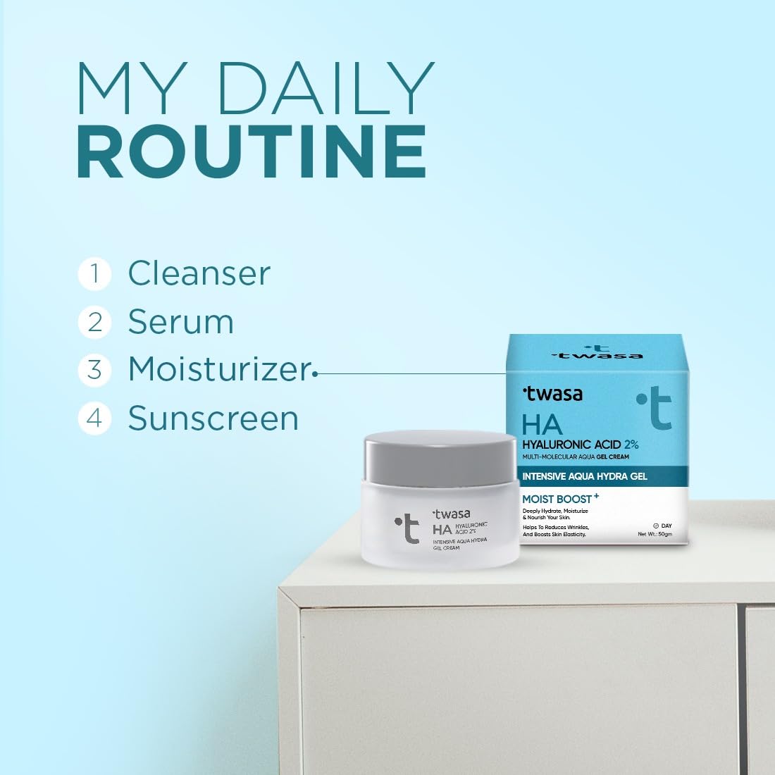 Twasa 2% Hyaluronic Acid Gel Cream 50g | Oil-Free, Non-Sticky, Light Water Gel for Fast Absorption & Intense Hydration | Long Lasting Hydration | For Dry Skin, Normal & Sensitive Skin