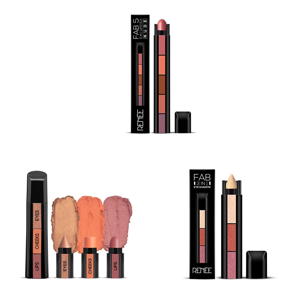 RENEE FAB 5 (5-in-1 Lipstick) (FAB5 NUDE) & RENEE Fab Face Nude - 3 in 1 Makeup Stick 4.5g & RENEE Fab 3 in 1 Eyeshadow Enriched with vitamin E, 4.5g