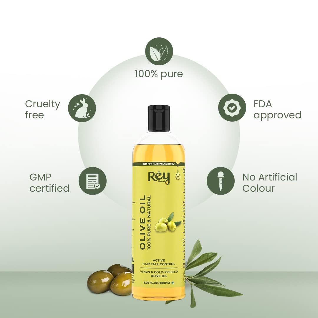 Rey Naturals Olive Oil, Castor Oil & Rosemary Oil For Hair Growth, Smooth ends & Hairfall Control -200ml*2 + 15ml | Cold Pressed Oil For Skin & Hair Care, Shiny Smooth Hair & Dandruff Free Scalp