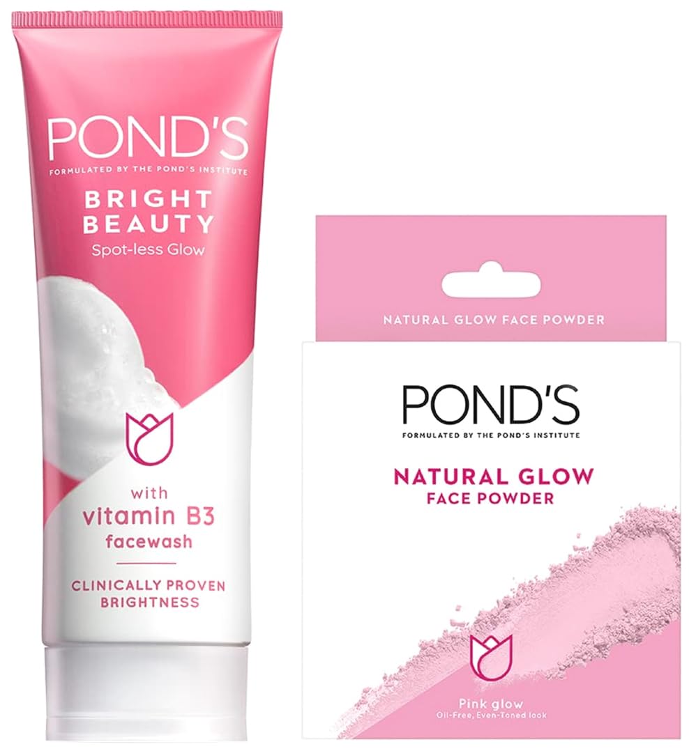 POND's Bright Beauty Spot-less Glow Face Wash With Vitamins, Removes Dead Skin Cells & Dark Spots, Double Brightness Action, All Skin Types, 100g & Pond's  Natural Glow Face Powder, Pink Glow - 30G
