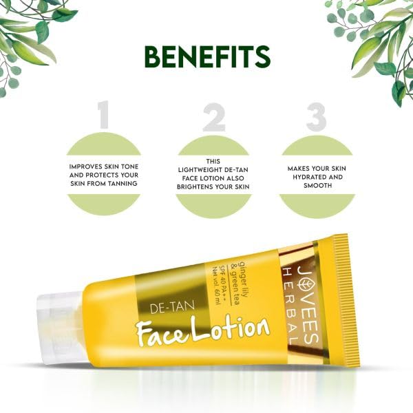 Jovees Herbal De-Tan Lotion SPF 40 PA++ For Hydrated and Glowing skin | Lightweight UVA/UVB Protection | Prevents Tanning and Pigmentation | All Skin Type 60ml