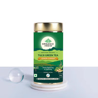 A TATA Product - Organic India Tulsi Green Tea Lemon Ginger - 100g Tin Container, Herbal Blend with Green Tea, Tulsi, Lemon & Ginger, Supports Digestion, Refreshing Taste, Natural Ingredients