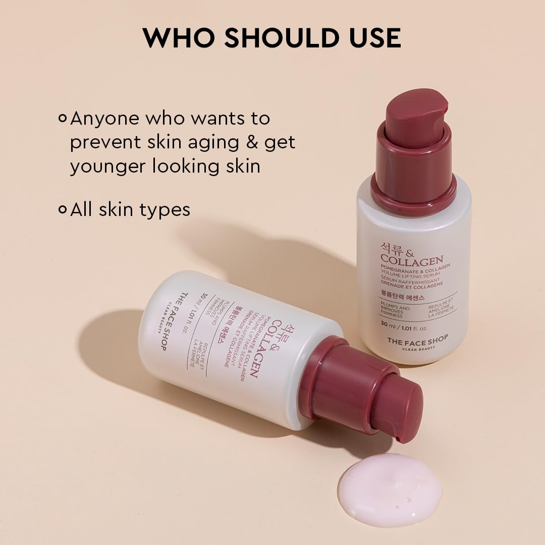 The Face Shop Pomegranate & Collagen Face Serum With 10% Marine Collagen & Hyaluronic Acid | Has Collagen to smooth wrinkles & Hyaluronic Acid for Intense Hydration |All in One Korean Face Serum, 30Ml