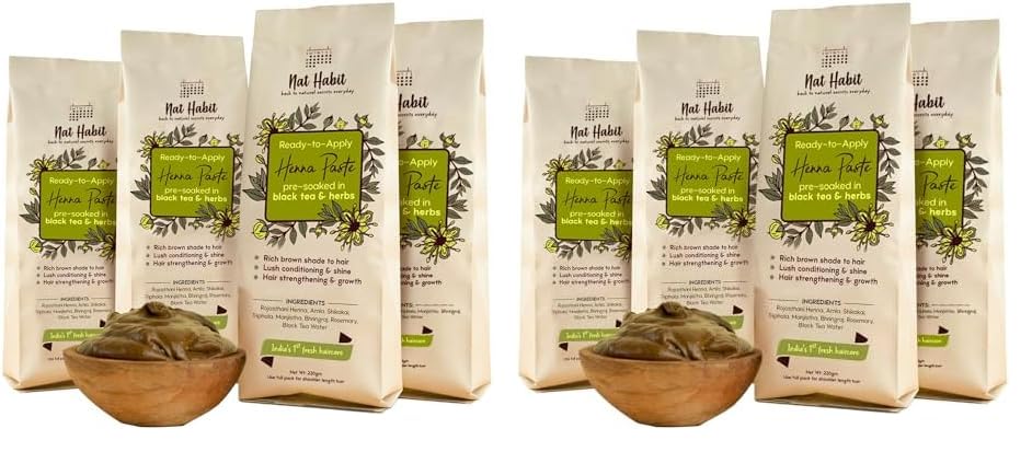 Nat Habit Henna Paste, Pre-Soaked in Black Tea and Herbs, 100% Natural Rajasthani Henna - (Pack of 8 x 220g)