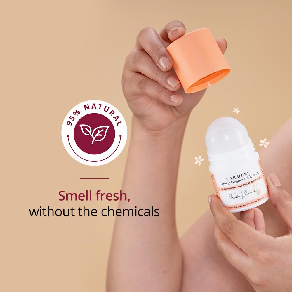Carmesi Natural Underarm Roll On Deodorant for Women | 95% Natural + 5% Essential Ingredients | For Fresh Underarms | No Alcohol & Aluminium | Fresh Blossom | 50 ml