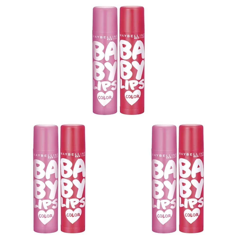 Maybelline New York Lip Balm, With SPF, Moisturises and Protects from the Sun, Pink Lolita & Baby Lips Cherry Kiss, Baby Lips, Pink, Red,(Pack of 6), 8g
