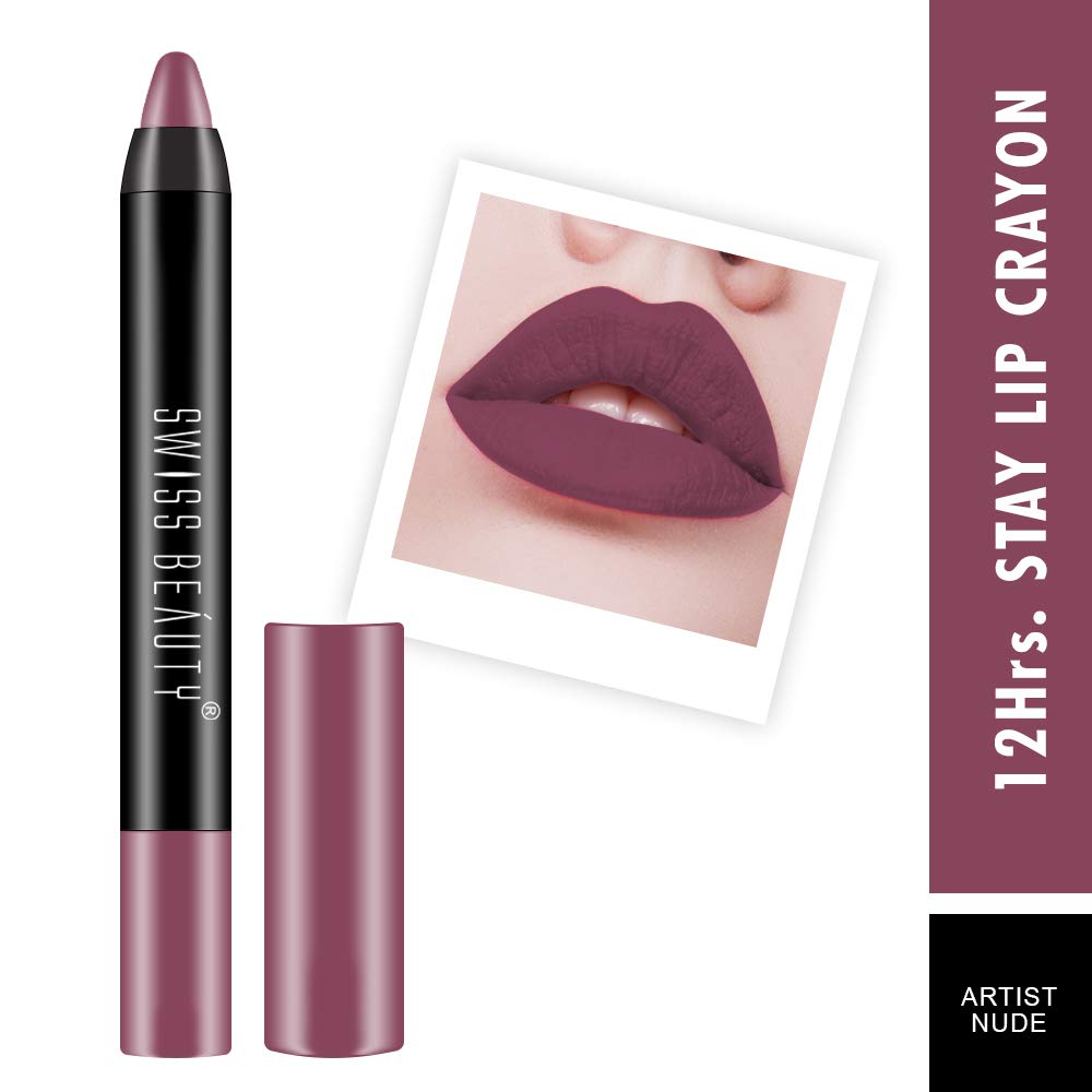 Swiss Beauty 12 Hrs. Stay Matte Lip Crayon, Artist Nude, 3g - Long Lasting, Waterproof, Super Stay, Matte Finish Lip Crayon, Long Wear, Crayon Lipstick