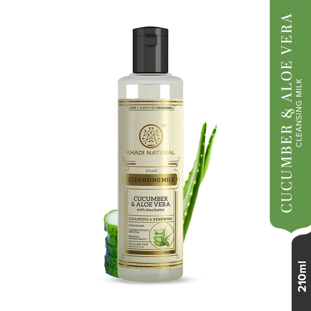 Khadi Natural Cucumber and Aloevera Cleansing Milk | Make up Remover with Shea/Kokum Butter| Keeps your skin toned| For All Skin Types | Rich in Anti-oxidants| 210ml