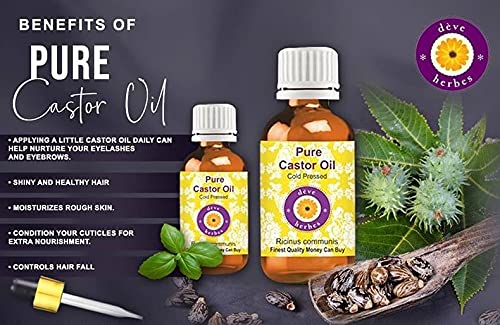 Deve Herbes Pure Castor Oil (Ricinus communis) with Glass Dropper Natural Therapeutic Grade Cold Pressed 100ml