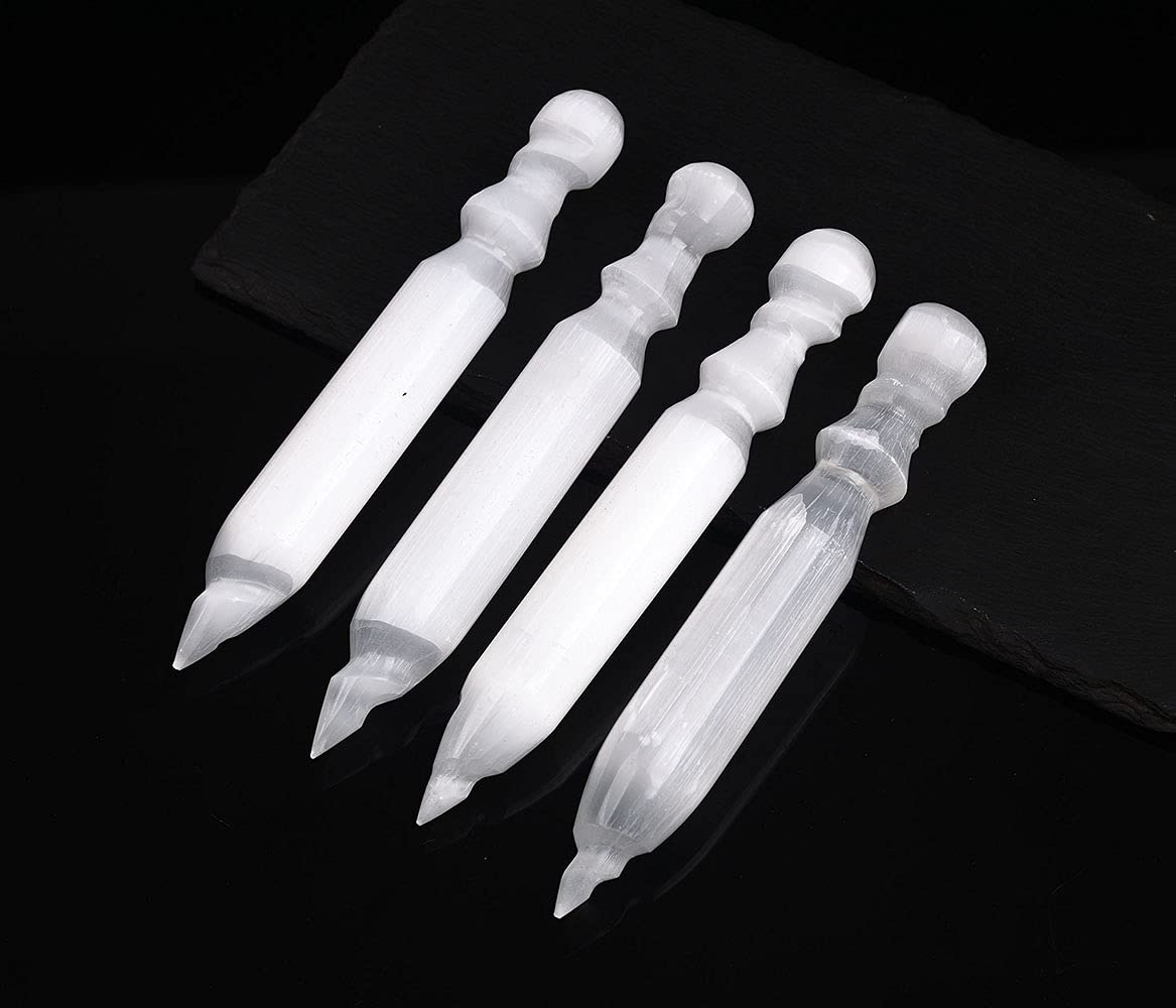JIC Gem 4 Pcs Selenite Wand 6 Inch Natural Spiral Selenite Sticks Crystal Point for Reiki, Healing, Meditation, Chakra, Positive Energy B-spiral4 Wand 6"