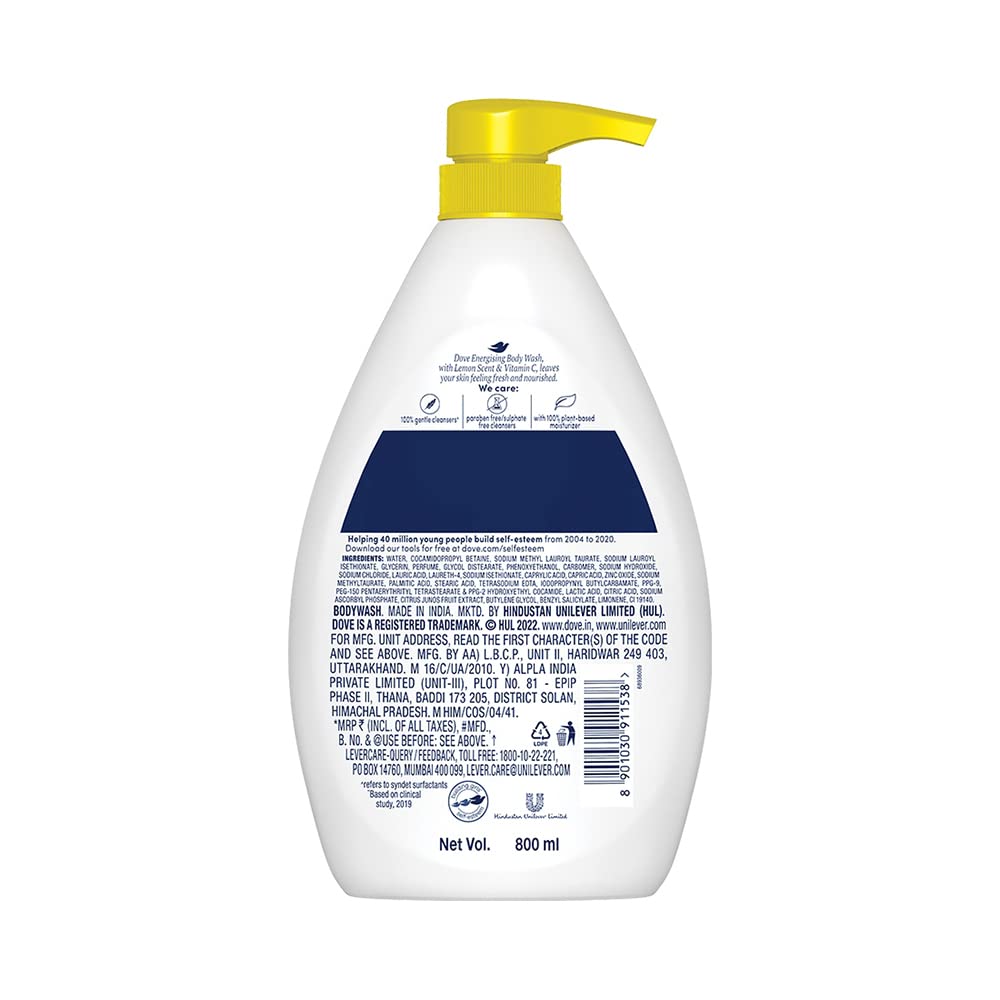 Dove Energising Body wash with energising lemon scent and nourishing Vitamin C, 100% gentle and paraben free/sulphate free cleansers, 100% plant- based moisturisers, 800ml