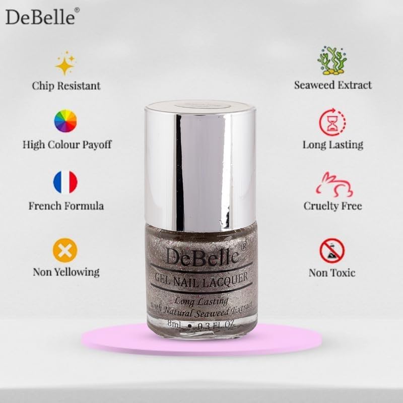 DeBelle Gel Nail Polish Sparkling Dust (Glitter Nail Paint)|Non UV - Gel Finish |Chip Resistant | Seaweed Enriched Formula| Long Lasting|Cruelty and Toxic Free| 8ml