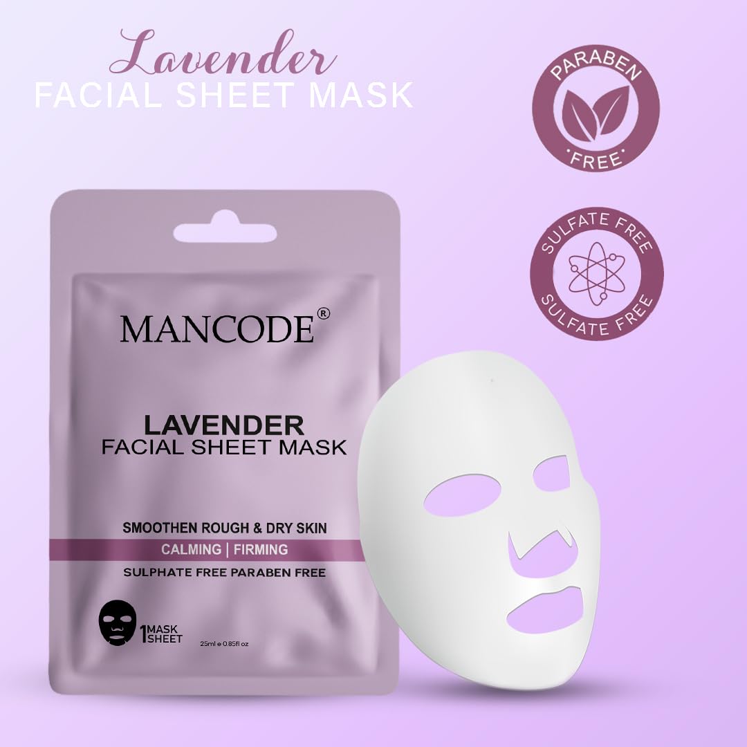 Mancode Lavender Facial Sheet Mask 25ml Smoothen Rough & Dry Skin Calming Firming Pore Reducing, Brightening and Enhances Daily Glow | Korean Sheet Mask for Men Women Sheet Mask Set Combo Pack of 3