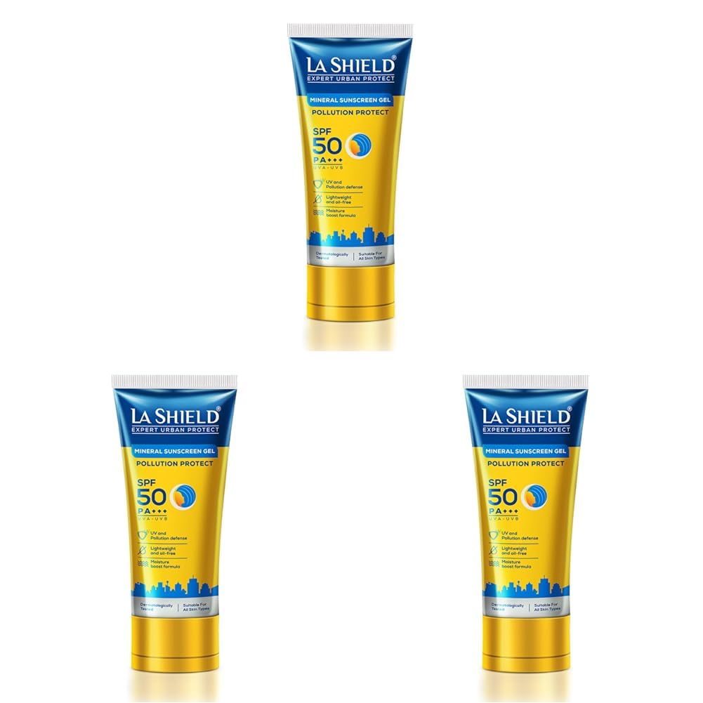 La Shield Pollution Protect SPF 50 Mineral Sunscreen Gel | PA+++ | Lightweight & Oil free | Moisture boost formula | Water resistant| All Skin types |Dermatologist Tested | 50g (Pack of 3)