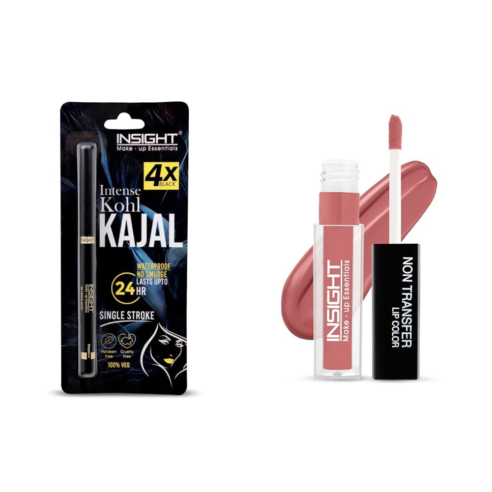 INSIGHT Intense Kohl Kajal (Black) & Non Transfer Liquid Lip Color Combo, Matte Finish