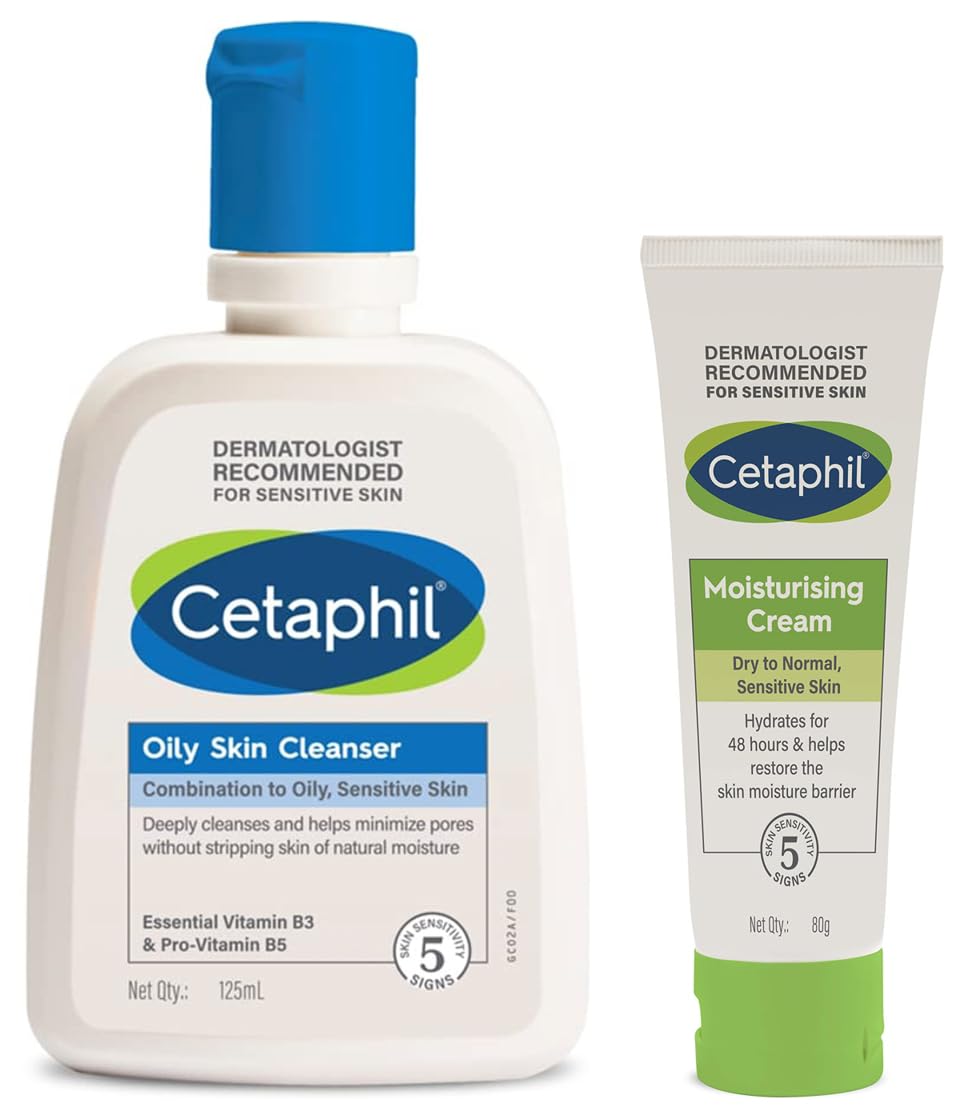 Cetaphil Oily Skin Cleanser, Daily Face Wash for Oily, Acne prone Skin, Gentle Foaming, 125ml & Cetaphil Moisturising Cream for Face & Body, Dry to very dry skin, 80 gm