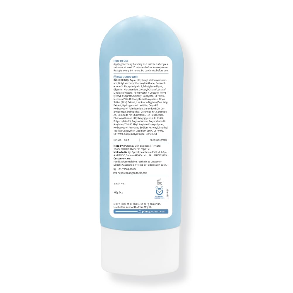Plum Rice Water & 3% Niacinamide Sheer-Tinted Sunscreen SPF 50 PA++++ | Suitable for Most Indian Skin Tones | Sheer Coverage | Non-Oily | Women | Fragrance-free | 100% Vegan | 50gm