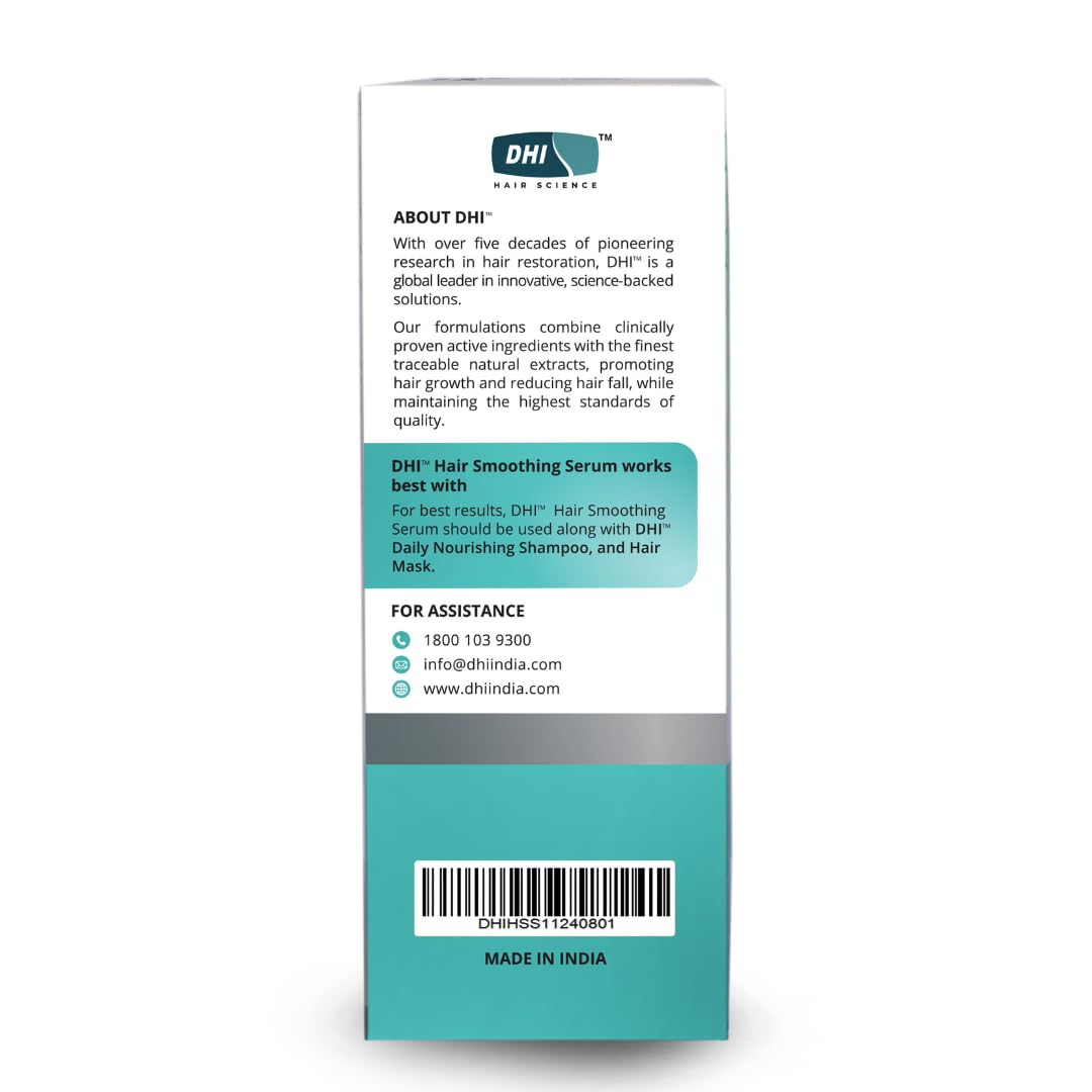 DHI Smoothing Hair Serum For Dry & Frizzy Hair | Moisturises & Hydrates Hair | Smoothness Hair Texture | Enriched with Sweet Almond Oil, Saw Palmetto, Argan Oil & Jojoba Oil | Antioxidant Properties | For Men & Women | Sulphate & Paraben Free | 100 ml