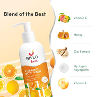 Mylo Care Vitamin C Body Wash with Honey, Oat Extract & Vitamin E for Refreshing & Glowing, Brightens Skin, Repairs from Sun Damage, 24 Hours Hydration 275 ml
