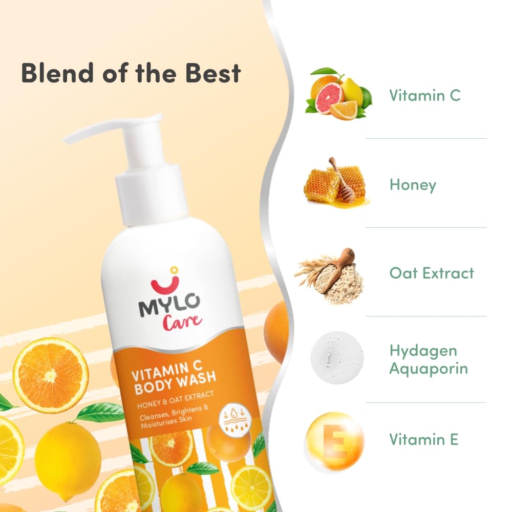 Mylo Vitamin C Body Wash with Honey, Oat Extract & Vitamin E for Refreshing & Glowing, Brightens Skin, Repairs from Sun Damage, 24 Hours Hydration 275 ml