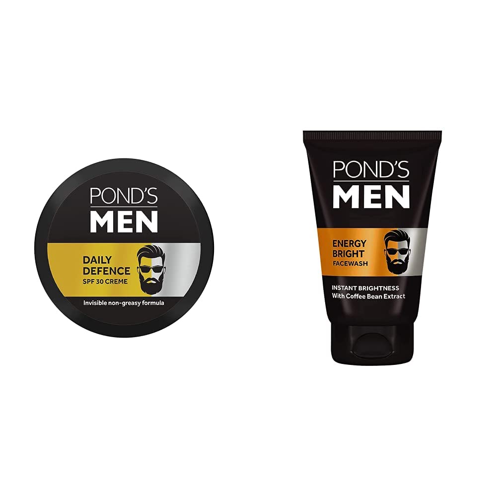 POND's Men Daily Defence SPF 30 Face Creme Sunscreen Non-Greasy, 55 g & POND's Men's  Energy Bright Face Wash Coffee Beans Bright Skin, 100g