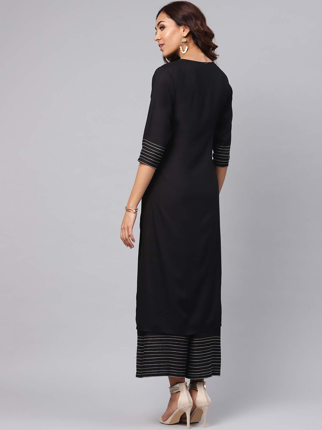 idaLia Women's  Embroidered Black Rayon Kurta With Palazzo Pants